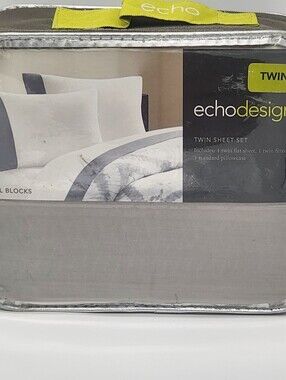 Echo Design Tribal Blocks Twin Sheet Set Cotton Sateen White Grey NEW